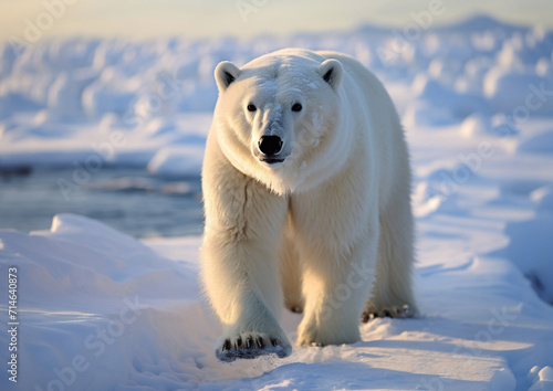 Large arctic polar bear walking in in snow on cold day.Macro.AI Generative.