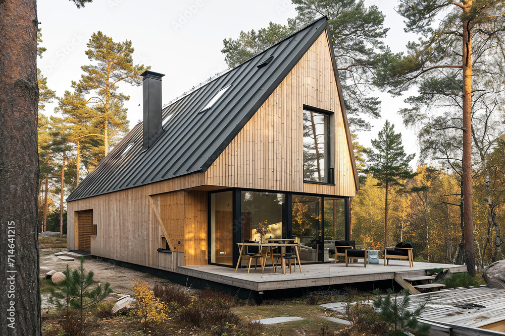 Scandinavian style modern cottage in autumn with large windows, terrace, landscape design, trees, forest background