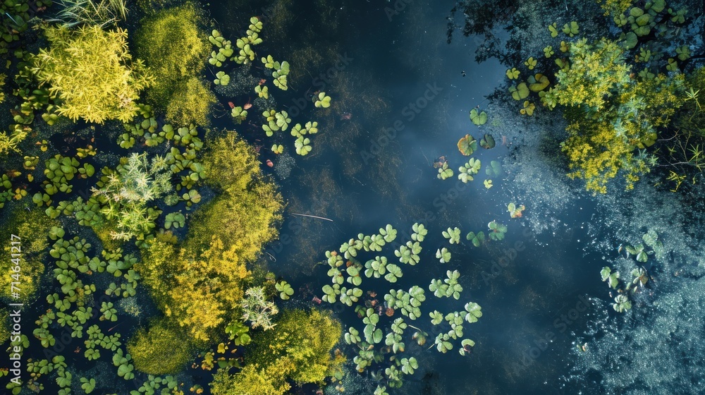  a pond filled with lots of water lilies next to a forest filled with lots of green leafy plants next to a forest filled with lots of yellow and green leaves.