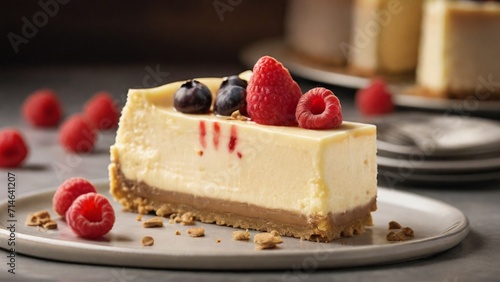 Showcase the decadence of a creamy cheesecake slice, focusing on the smooth surface, rich texture, and any delectable toppings. - Generative AI