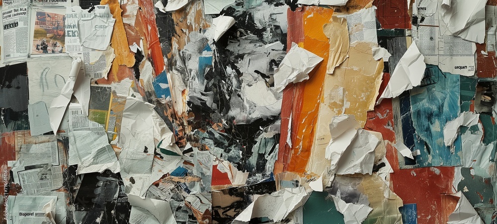 Collage of torn newspaper and magazine scraps on a canvas with abstract paint splashes, creating a textured and colorful narrative of modern life. - obrazy, fototapety, plakaty 