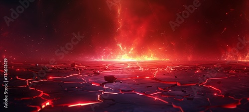 Dramatic scene with cracked ground and a fiery red glow, suggesting intense volcanic activity or a catastrophic natural event in a powerful and perilous landscape. photo