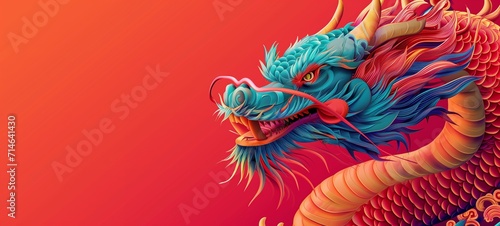 Vivid Chinese New Year dragon with a colorful scales pattern, set against a red backdrop with traditional motifs, embodying the spirit of festive celebration and cultural symbolism.