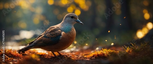 Pigeon in the forest at sunset. Bird in the nature.