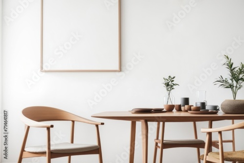 Interior home design of modern dining room with wooden table and chairs with blank poster mockup on white wall