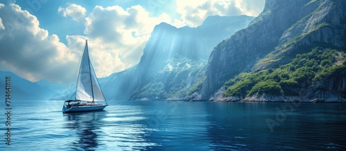 Boat sailing in sea near mountains.