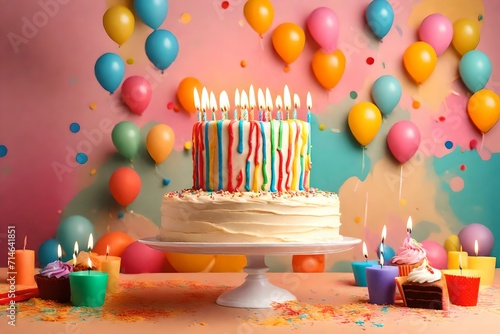 Birthday cake with candles on table against color background
