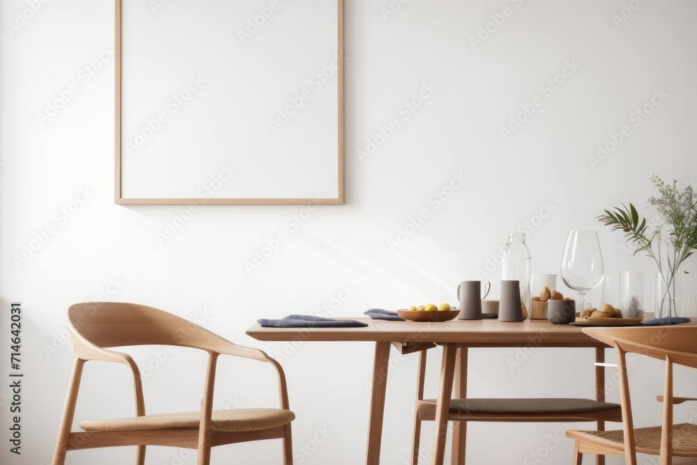 Interior home design of modern dining room with wooden table and chairs with blank poster mockup on white wall Interior home design of modern dining room with wooden table and chairs with blank poster mockup on white wall