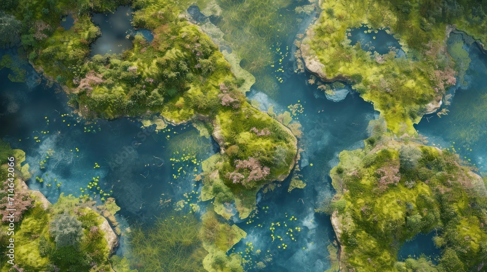  an aerial view of a body of water surrounded by lush green trees and a blue body of water in the middle of the picture is an aerial view of a body of water.