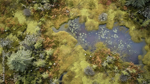  an aerial view of a pond in the middle of a forest with lots of trees and grass on both sides of the pond  looking down down at the water.