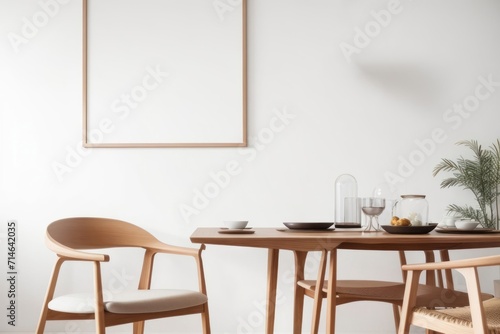 Interior home design of modern dining room with wooden table and chairs with blank poster mockup on white wall