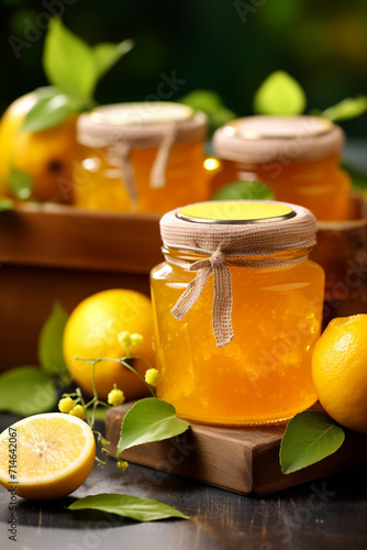 lemon jam in a glass jar. lemon jam on a wooden background. Delicious natural marmalade