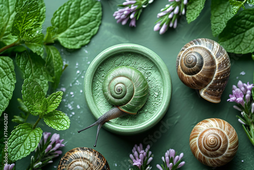 Snail slime natural cosmetic, vial and cream jars, plants on green background with leaves, still life, copy space, top view