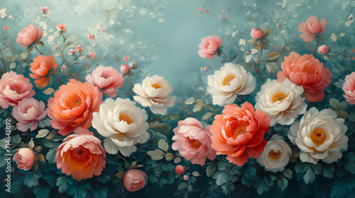 Horizontal composition,background, white and pink peonies in vintage style, retro
