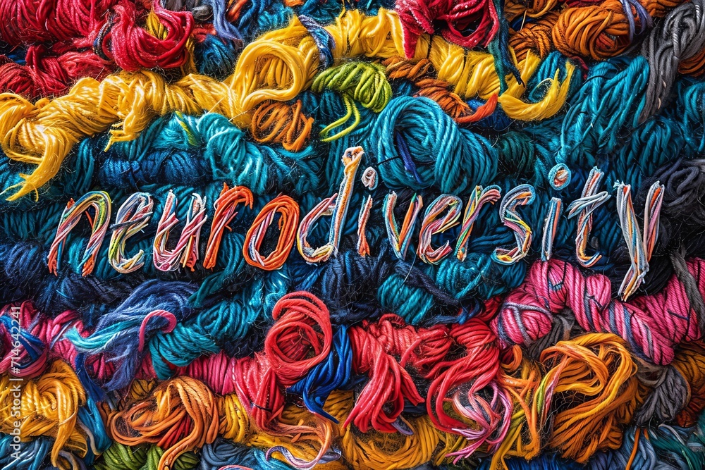Text neurodiversity on a background of multi-colored tangled threads, concept of neurodiversity and mental problems Text neurodiversity on a background of multi-colored tangled threads, concept of neurodiversity and mental problems