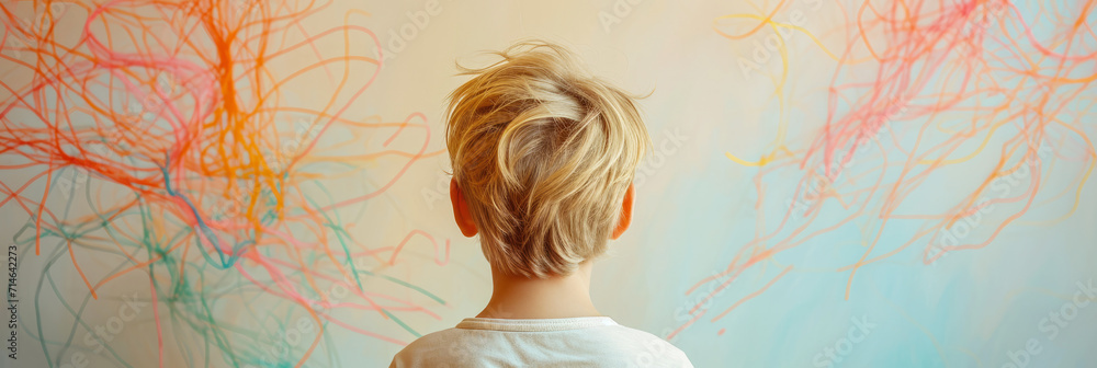 A boy standing with his back to us against a background with multi-colored lines, the concept of adhd and neurodiversity, banner - obrazy, fototapety, plakaty 