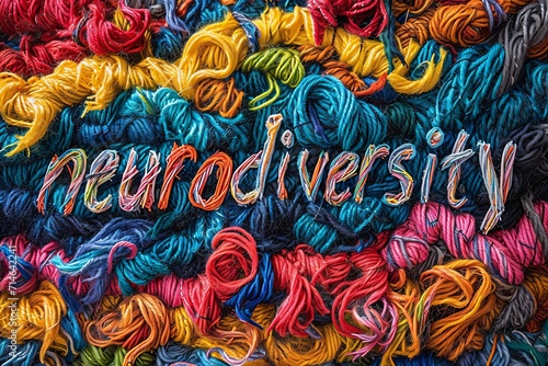 Text neurodiversity on a background of multi-colored tangled threads, concept of neurodiversity and mental problems