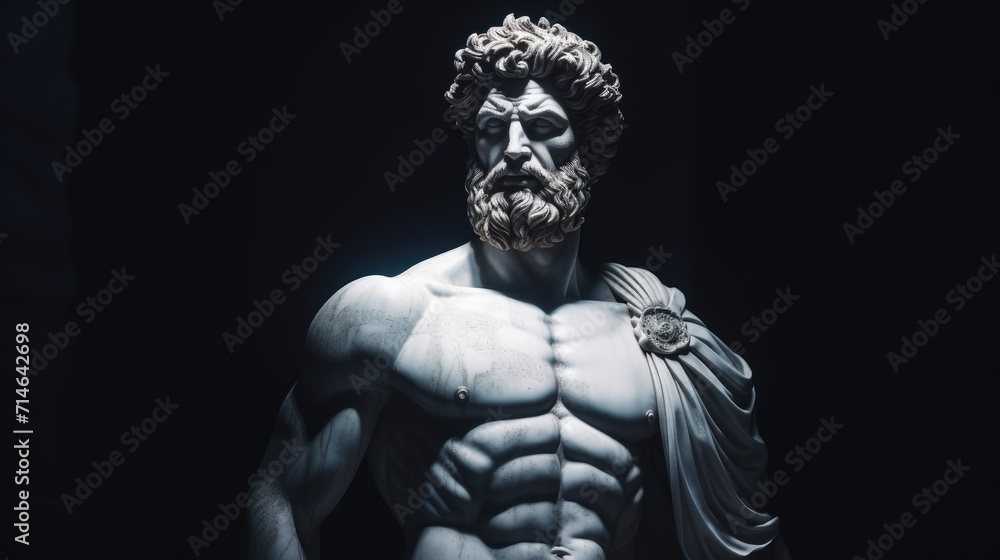 Muscular statue of a Greek philosopher in a museum