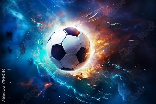 soccer ball with flames and lightning flying on night sky  dark blue background