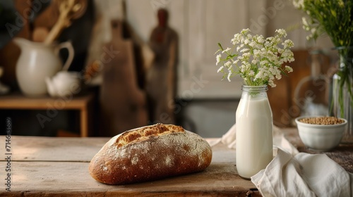  a loaf of bread sitting on top of a wooden table next to a bottle of milk and a vase with flowers on top of a table next to a vase with flowers.