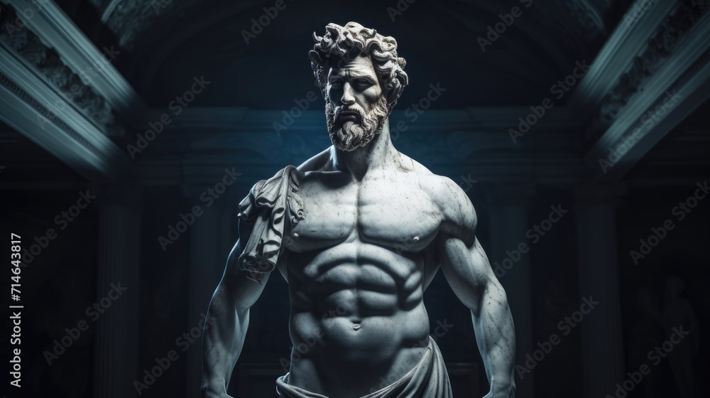 Muscular statue of a Greek philosopher in a museum