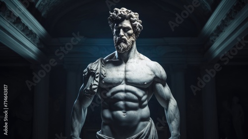 Muscular statue of a Greek philosopher in a museum