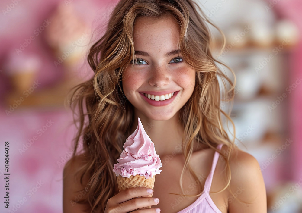 Happy cute teen girl with ice cream on sunny summer day.Macro.AI Generative.