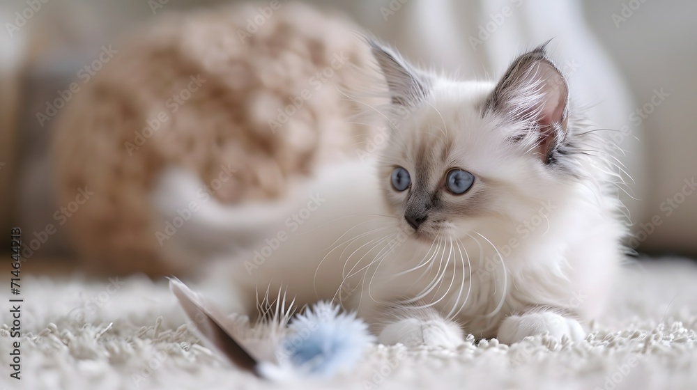kitten on a white background, captivating Ragdoll kitten playing with a feather toy, displaying its playful and curious personality