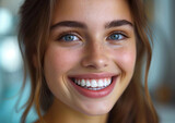 Beautiful young woman with perfect teeth and cute smile after dental check up visit.Advertising for orthodontic clinic.Macro.AI Generative.