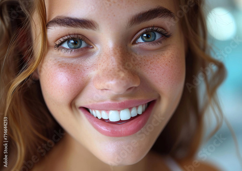 Beautiful young woman with perfect teeth and cute smile after dental check up visit.Advertising for orthodontic clinic.Macro.AI Generative.