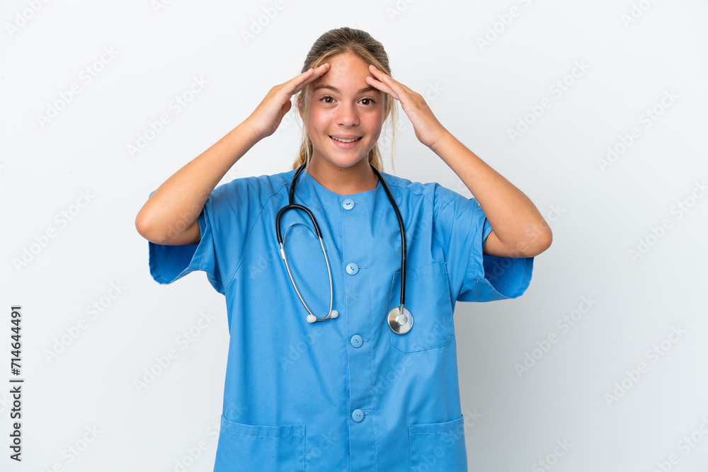 Little caucasian girl disguised as surgeon isolated on white background with surprise expression