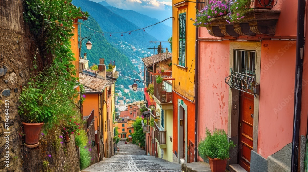  a narrow cobblestone street with colorful buildings and greenery on both sides of the street and a view of a mountain range in the distance in the distance.