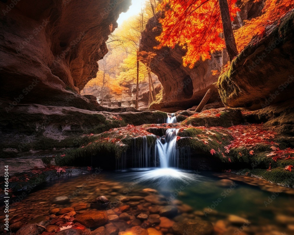 Enchanting Autumn Cascade in a Forest Grotto
