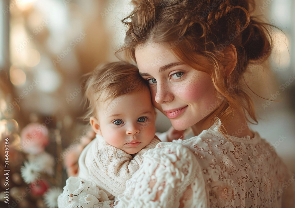 Obraz premium Portrait of young attractive woman woman and newborn baby child at home.Macro.AI Generative.