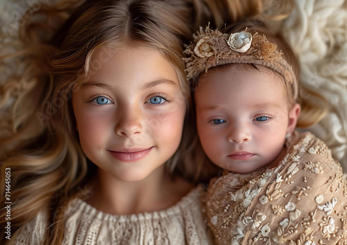 Cute beautiful little girl with newborn baby sister in warm beige tone clothing.Macro.AI Generative.