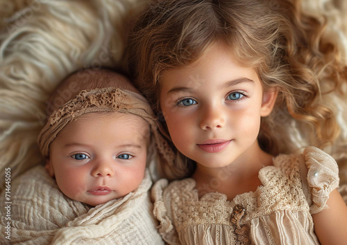 Cute beautiful little girl with newborn baby sister in warm beige tone clothing.Macro.AI Generative.