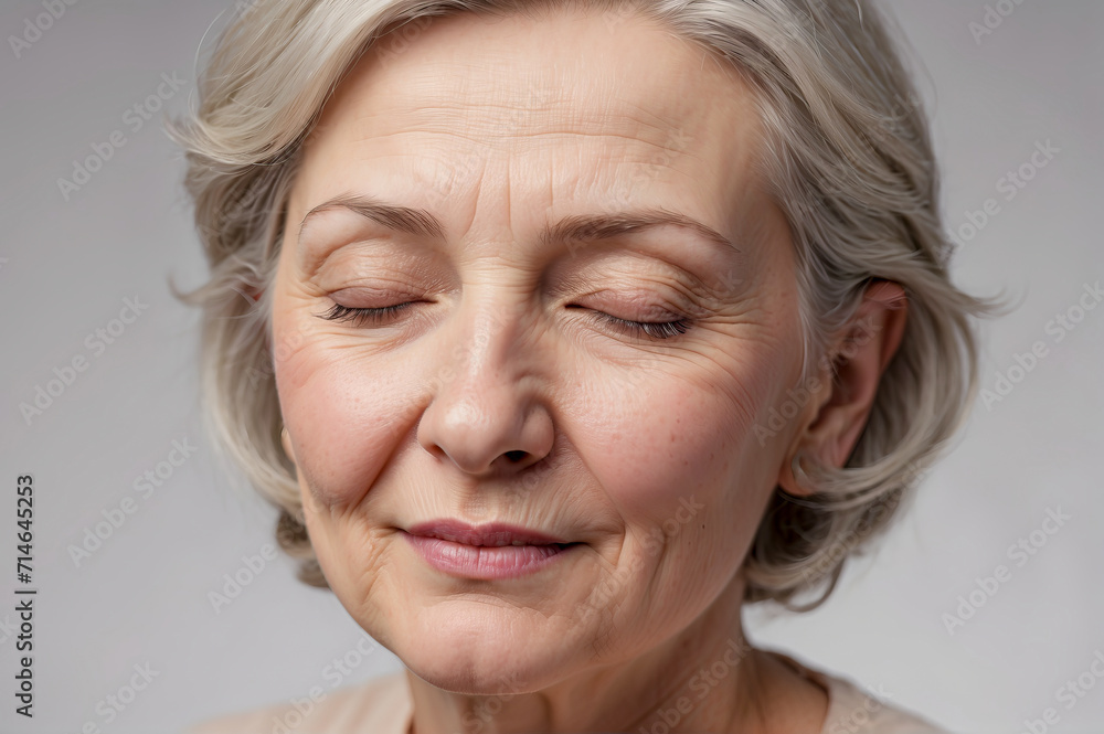 Portrait of mature woman with closed eyes on neutral background Portrait of mature woman with closed eyes on neutral background