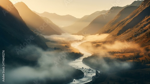 Sunrise over Misty Mountains and Winding River