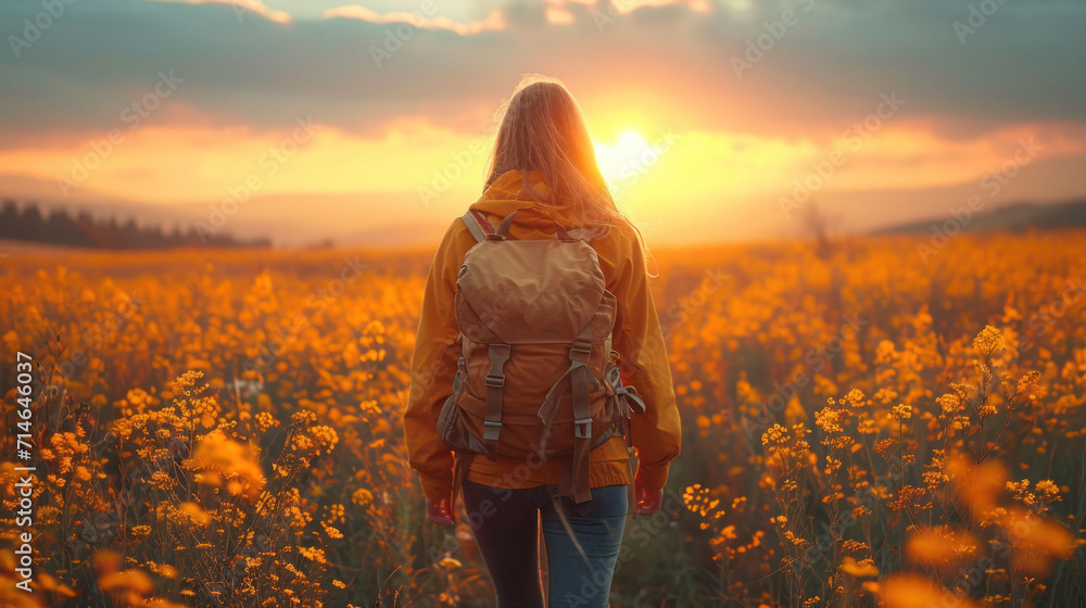 Fototapeta premium a woman with a backpack walks through a field of wildflowers as the sun sets over the mountains in the distance in the distance is a cloudless sky.