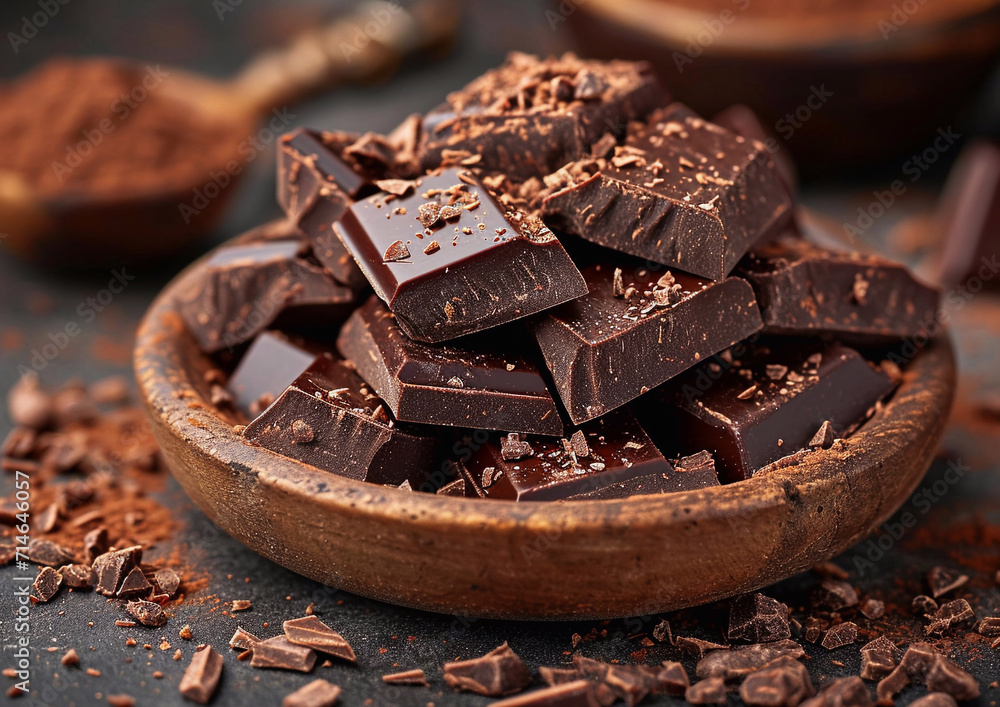 Stack of dark broken chocolate bar pieces with cocoa on wooden plate.Macro.AI Generative. Stack of dark broken chocolate bar pieces with cocoa on wooden plate.Macro.AI Generative.