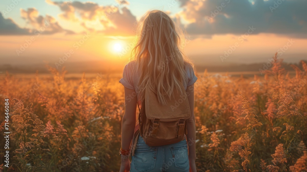 the back of a woman's head as she walks through a field of wildflowers with the sun setting in the distance behind her and a cloudy sky. the back of a woman's head as she walks through a field of wildflowers with the sun setting in the distance behind her and a cloudy sky.