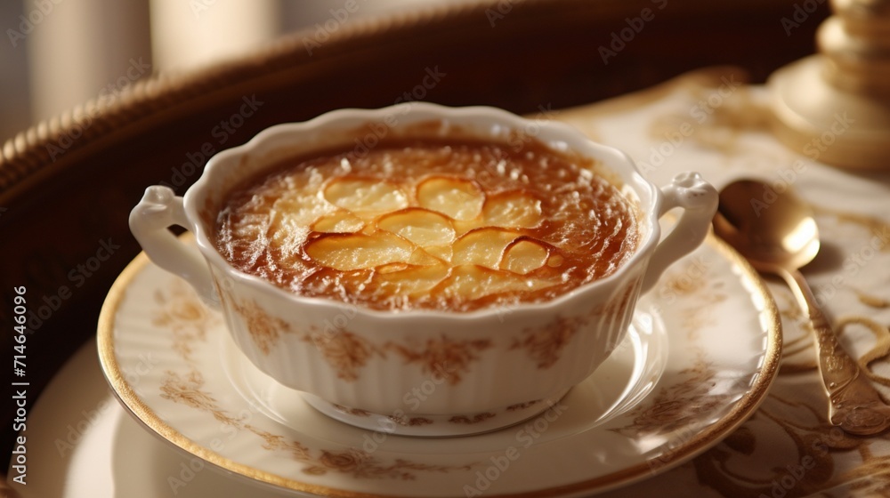 A classic French onion soup, with a richly browned top, in an embossed white bowl, on a white lace background. highlighting the soup's traditional charm. chicken and vegetable soup A classic French onion soup, with a richly browned top, in an embossed white bowl, on a white lace background. highlighting the soup's traditional charm. chicken and vegetable soup