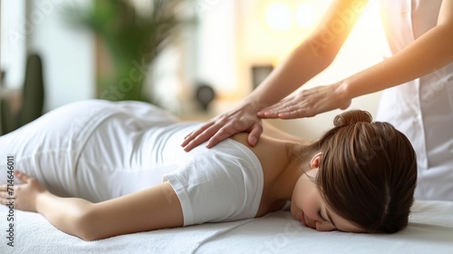 Professional manual therapist treats a girl lying on a massage bed. A Modern rehabilitation physiotherapy. photo