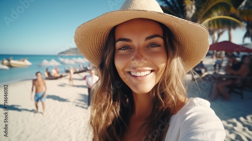 closeup shot of a good looking female tourist. Enjoy free time outdoors near the sea on the beach. Looking at the camera while relaxing on a clear day Poses for travel selfies smiling happy tropical #714646082