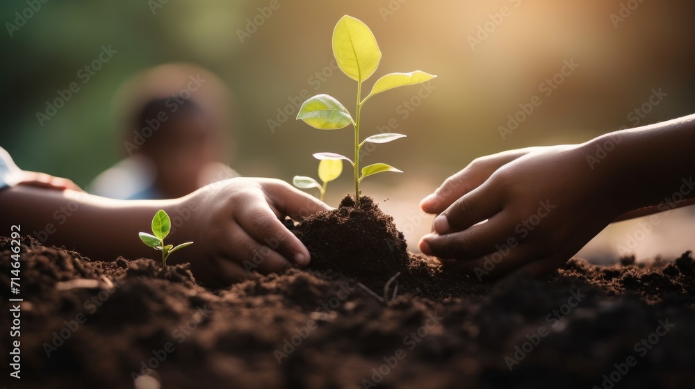Fototapeta premium Children hold young tree ready to grow in fertile soil, prepare for plant and reduce global warming, Save world environment , save life, Plant a tree world environment day, sustainable , volunteer