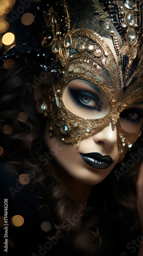Masked woman , beautiful and elegant woman with golden glowing mask as wallaper background illustration