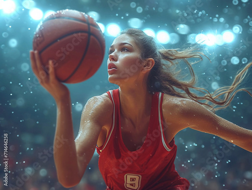 Young beautiful female basketball player in action on basketball game on large crowded arena.Macro.AI Generative.
