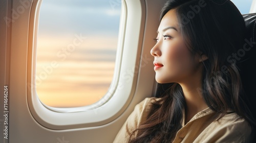 Japanese woman sitting at the window of the plane look out sky glare when the plane flying. Traveler in the airplane © Mas