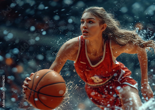 Young beautiful female basketball player in action on basketball game on large crowded  arena.Macro.AI Generative.