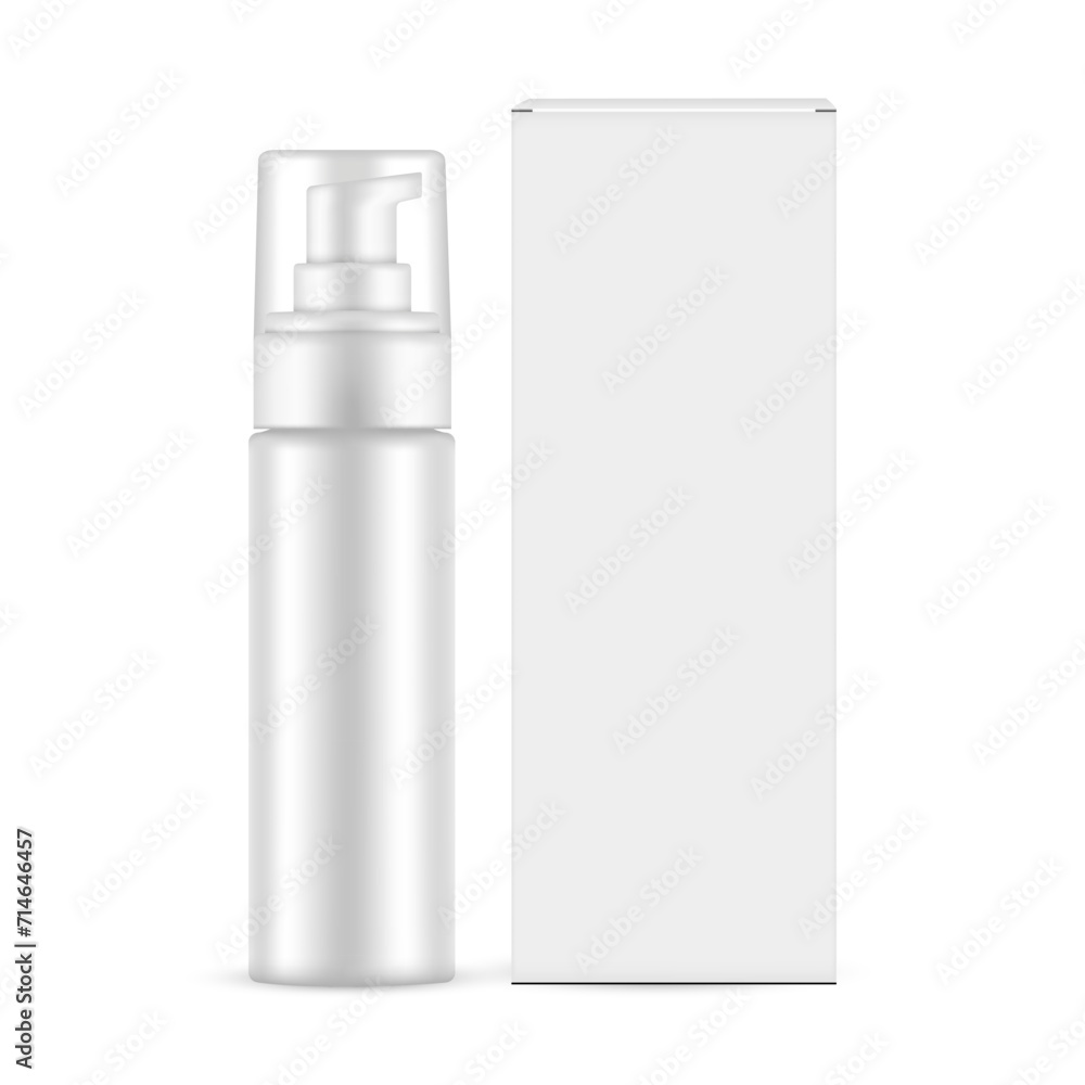 Blank Plastic Airless Pump Bottle With Transparent Cap, Paper Packing Box. Vector Illustration Blank Plastic Airless Pump Bottle With Transparent Cap, Paper Packing Box. Vector Illustration